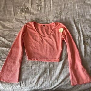 Y2k Aesthetic pink long full bell sleeves crop top