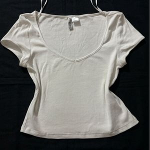 Cream Ribbed Sweetheart-Neck Top