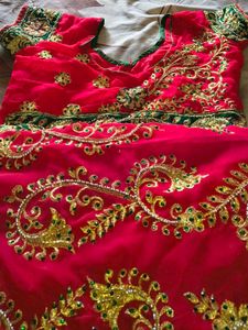 Elegant Red & Green Embroidered Saree with bilauj