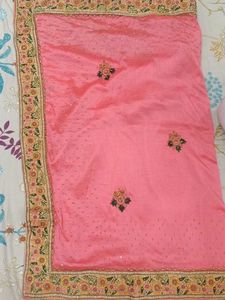 Beautiful Coral Pink Embroidered Saree