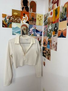 Cream Ribbed Collared Cropped Top