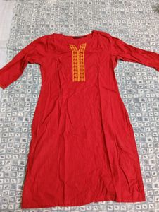Red Embroidered Cotton Kurta