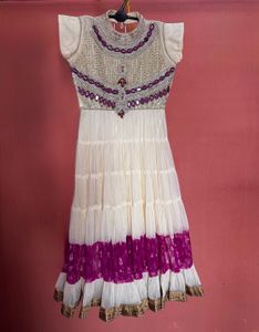 Elegant White and Purple Anarkali Dress