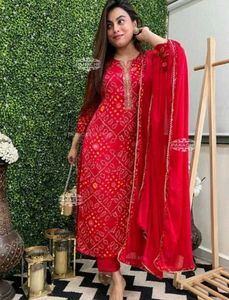 Red Bandhani Print Kurta Set with Dupatta