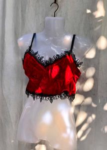 431110. Red Velvet Lace Trim Cami Top