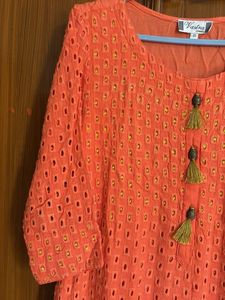 Orange Eyelet Kurta with Tassels