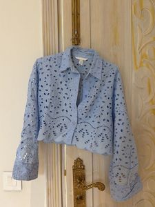 Baby Blue Eyelet Cropped Shirt