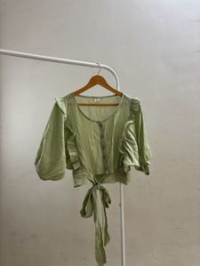 Light Green Tie-Front Ruffle Korean Top