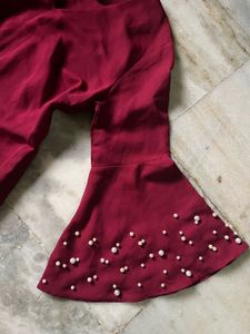 Maroon Bell Sleeve Blouse with Pearls
