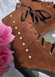 Trendy Brown Heeled Ankle Boots with Stud Detail