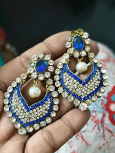 Elegant Blue Stone & Pearl Drop Earrings