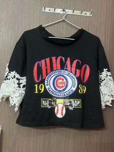 Black Chicago Graphic Tee with Lace Sleeves