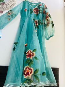 Teal Blue Handpainted Floral Anarkali pant set