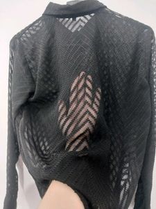 Black Textured Sheer Button-Up Shirt