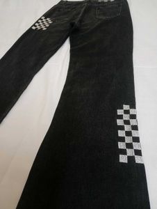 Black Checkerboard Flared Jeans