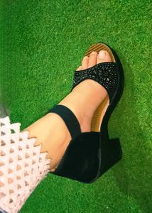 Women's Black Embellished Block Heels