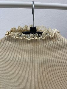 Ribbed Mock Neck Lace Trim Top