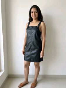 Black Faux Leather Pinafore Dress S/M