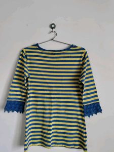Striped 3/4 Sleeve Tshirt with Lace Detail