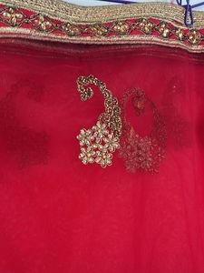 Red Embroidered Net Dupatta