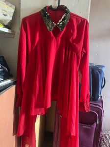 Red Sequined Collar Top