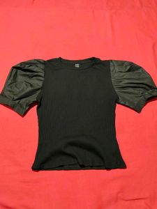Black Ribbed Puff-Sleeve Top