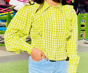 Lime Gingham Ruffle Blouse