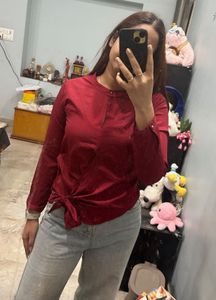 Maroon Tie-Front Satin Top