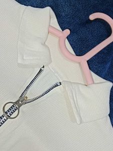 Cream Half-Zip Collared Long Sleeve Top