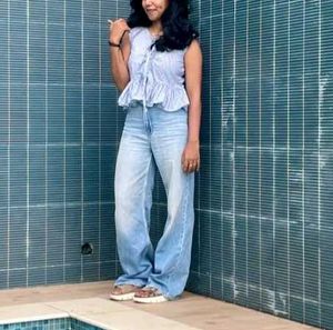 Blue Striped Tie-Front Peplum Top