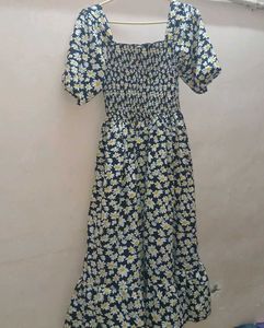 Daisy Print Smocked Square Neck Dress