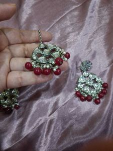 SilverPlated Kundan Style Earrings + MaangTikka