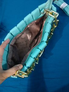 Light Blue Woven Clutch with Gold Chain