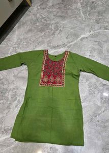 Green Cotton short top with Red Block Print