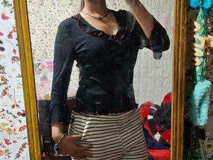 Black Long Sleeve Top with Ruffle Trim