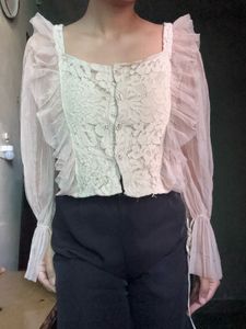 Sheer Lace Button-Up Blouse