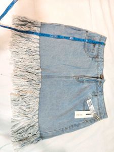 Light Wash Denim Fringed Mini Skirt