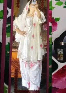 White Silk Kurta Set with Pink Embroidery