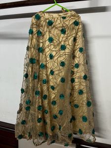 green blouse with golden skirt and shawl