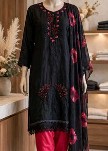 Elegant Black & Red Kurta Set