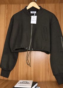 Brown Bomber Jacket with Drawstring Waist