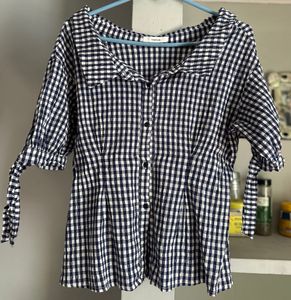 Navy Gingham Button-Up Top