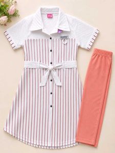 White Striped Tunic Dress with Coral Leggings Set
