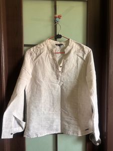 Women's White Linen Band Collar Shirt