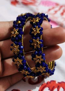 Blue Beaded Bangles with Gold Accents (2.6)