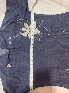 Denim Kurta with Floral Embroidery