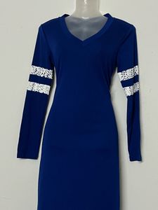 Pintresty Blue V-Neck Dress with Lace Stripes