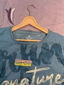 Loose Fit Blue Graphic Print T-Shirt, Bust- 40/42