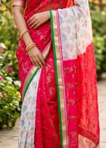 Beautiful Red Saree with White Floral Print