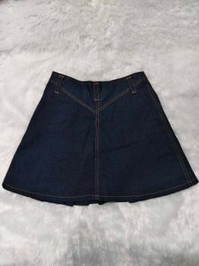 Dark Wash Pleated Denim Mini Skirt
